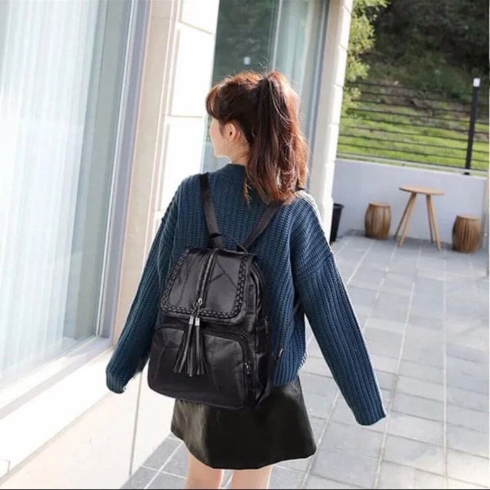 Vegan PU Leather Black Backpack Travel Bag - Picture 3 of 8